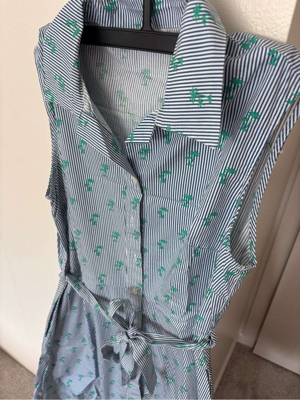 Sleeveless Blue Striped Midi Dress with Green Floral Print